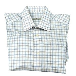 ERMENEGILDO ZEGNA WHITE W BLUE & BROWN GRID PATTERN CHECKED COTTON DRESS SHIRT
